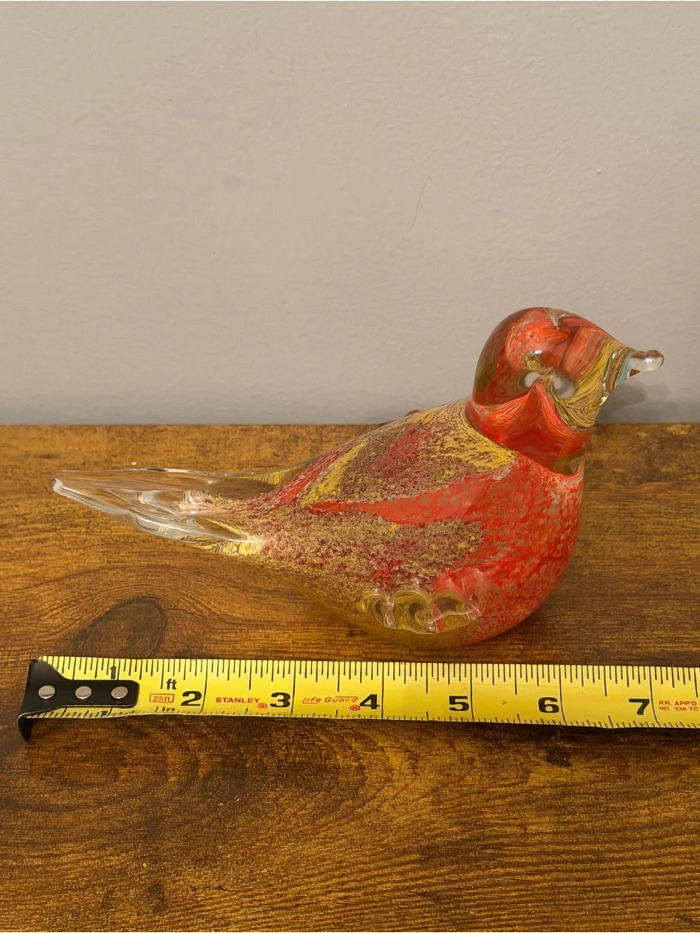 Pier 1 Art Glass Bird Figurine Red Gold Hand Blown Glass Decor Paperweight
